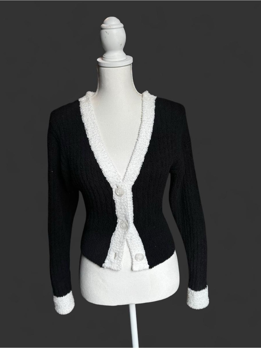 Black & White V-Neck Button Sweater